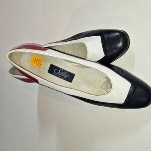 VINTAGE Red, White & Blue Square heeled pumps